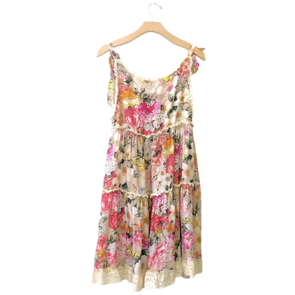 Emamo Vintage Silk Tan Pink Floral Ruffle Lace Shabby Chic Babydoll Dress S - Picture 2 of 9